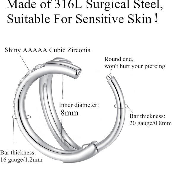 Silver Double Row CZ Hoop Nose Ring 20G 8mm Surgical Steel Jewelry for Piercing - Picture 3 of 7